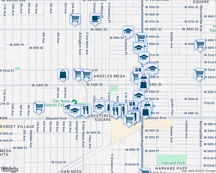 map of restaurants, bars, coffee shops, grocery stores, and more near 2000 West 54th Street in Los Angeles