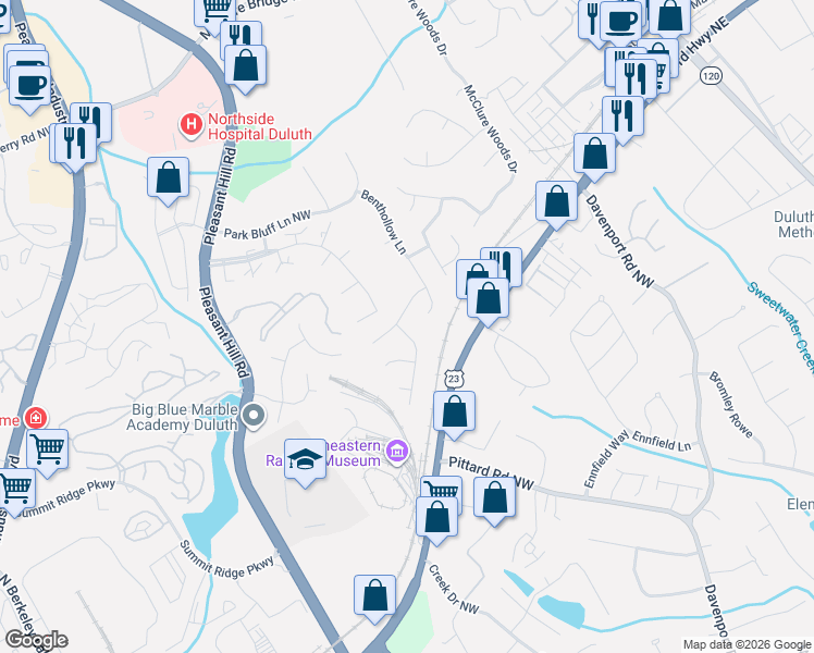map of restaurants, bars, coffee shops, grocery stores, and more near 3491 Grovewood Lane in Duluth