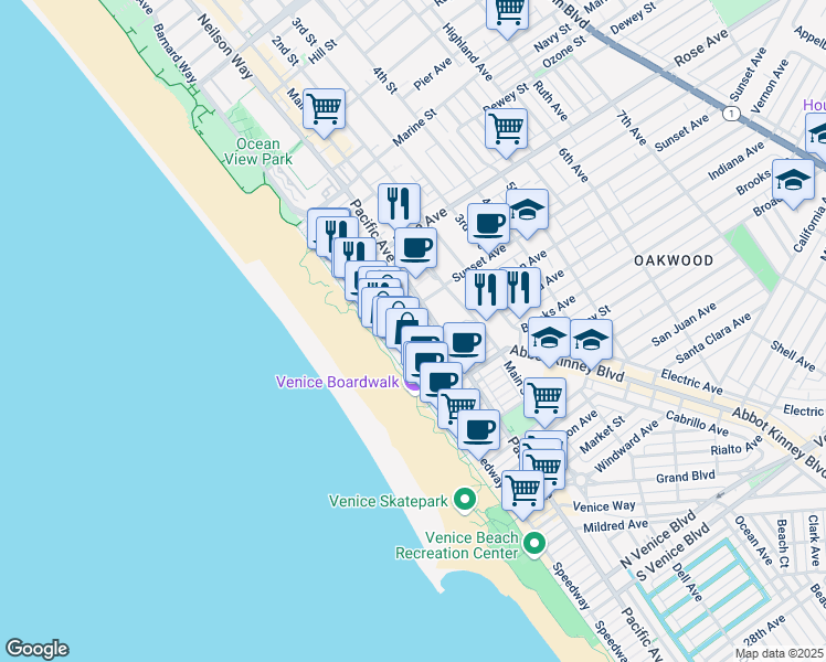 map of restaurants, bars, coffee shops, grocery stores, and more near 34 Sunset Avenue in Los Angeles
