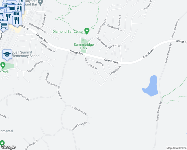 map of restaurants, bars, coffee shops, grocery stores, and more near 24320 Knoll Court in Diamond Bar