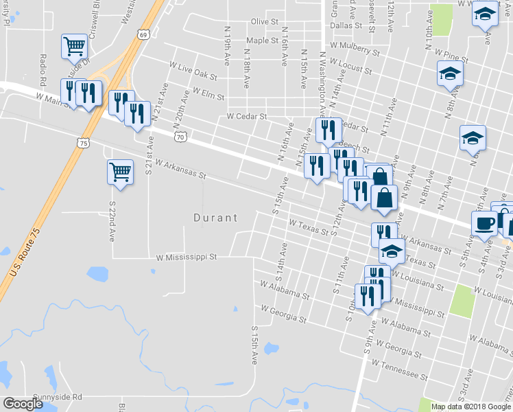 map of restaurants, bars, coffee shops, grocery stores, and more near 1524 West Texas Street in Durant