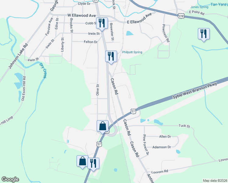 map of restaurants, bars, coffee shops, grocery stores, and more near 148 Cason Road in Cedartown
