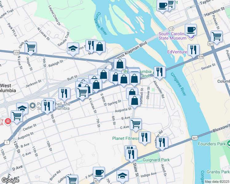 map of restaurants, bars, coffee shops, grocery stores, and more near 512 Center Street in West Columbia