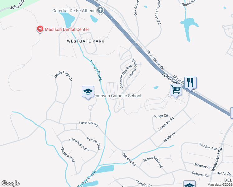 map of restaurants, bars, coffee shops, grocery stores, and more near 100 Red Bluff Dr in Athens