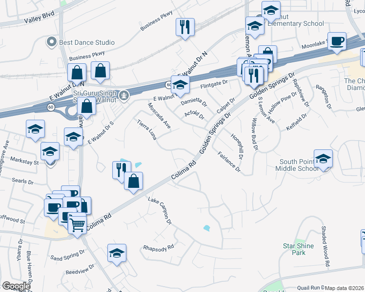 map of restaurants, bars, coffee shops, grocery stores, and more near 1248 Tierra Luna in Walnut