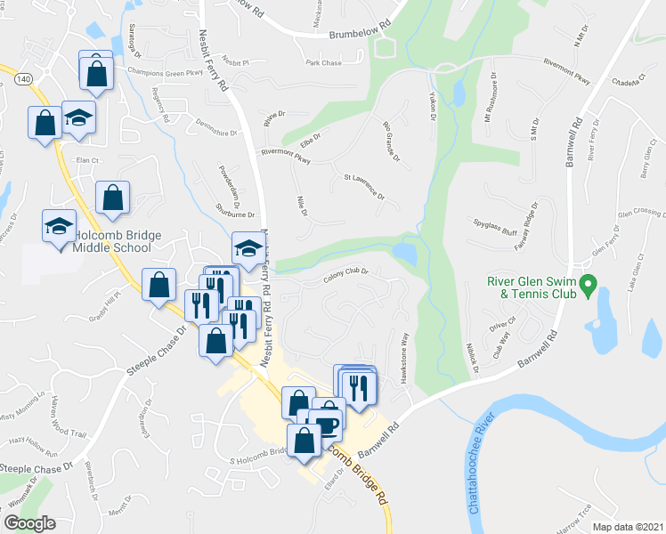 map of restaurants, bars, coffee shops, grocery stores, and more near 8801 Fairview Bluff in Alpharetta