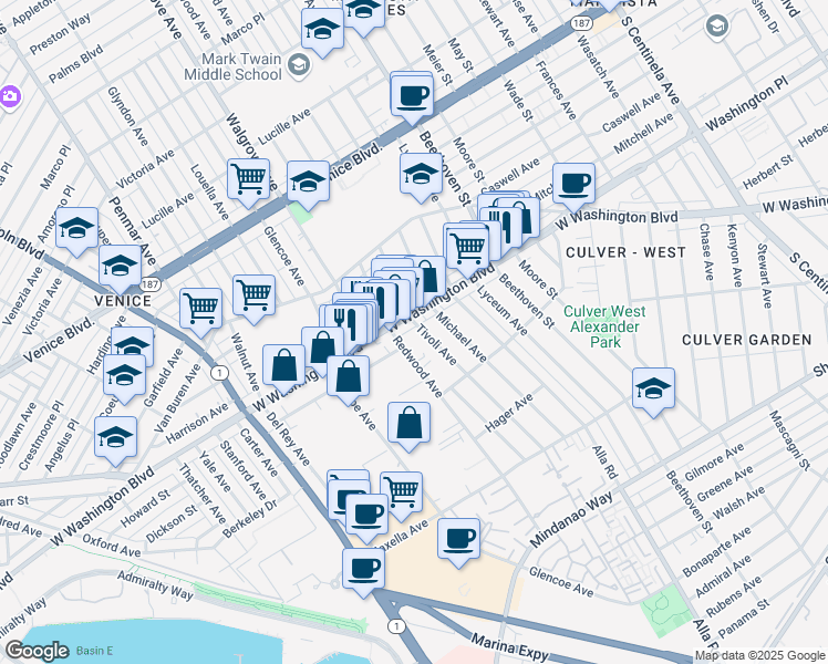 map of restaurants, bars, coffee shops, grocery stores, and more near 4017 Tivoli Avenue in Los Angeles