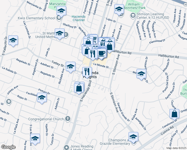 map of restaurants, bars, coffee shops, grocery stores, and more near 2300 South Hacienda Boulevard in Hacienda Heights