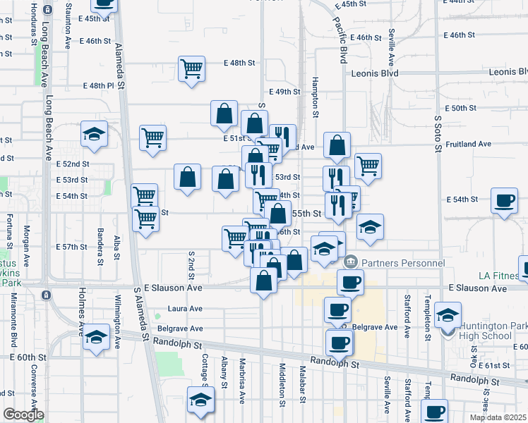 map of restaurants, bars, coffee shops, grocery stores, and more near 5420 South Santa Fe Avenue in Vernon