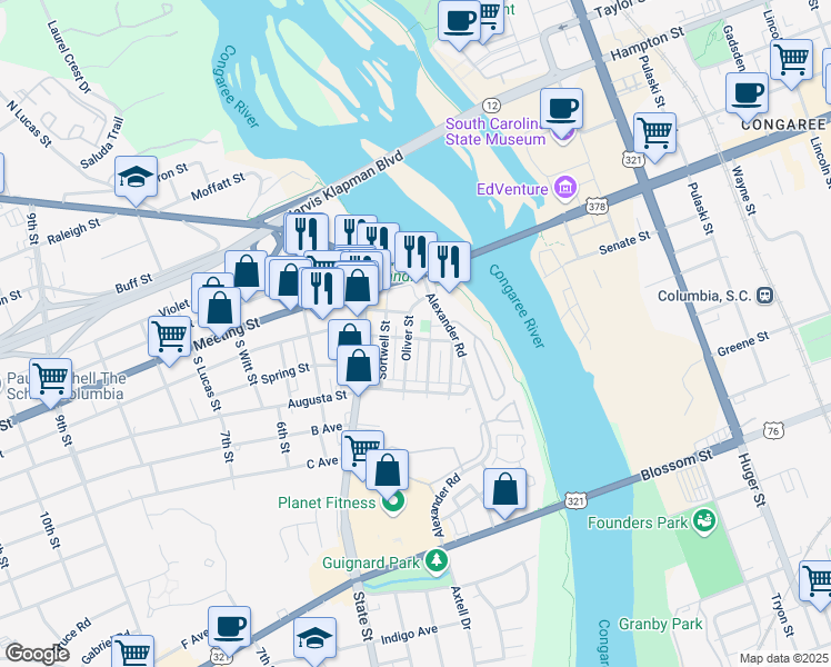 map of restaurants, bars, coffee shops, grocery stores, and more near 213 Oliver Street in West Columbia
