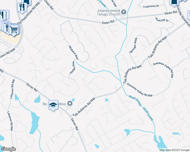 map of restaurants, bars, coffee shops, grocery stores, and more near 1033 Hawk Creek Trail in Lawrenceville