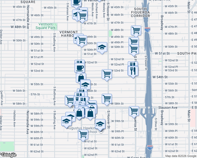 map of restaurants, bars, coffee shops, grocery stores, and more near 840 West 54th Street in Los Angeles