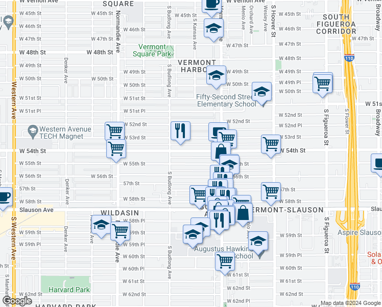 map of restaurants, bars, coffee shops, grocery stores, and more near 1110 West 54th Street in Los Angeles