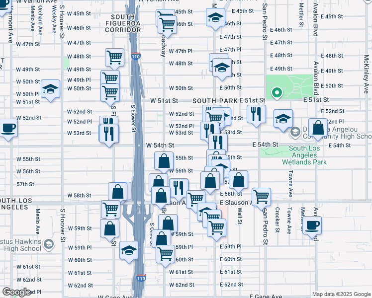 map of restaurants, bars, coffee shops, grocery stores, and more near 204 West 54th Street in Los Angeles