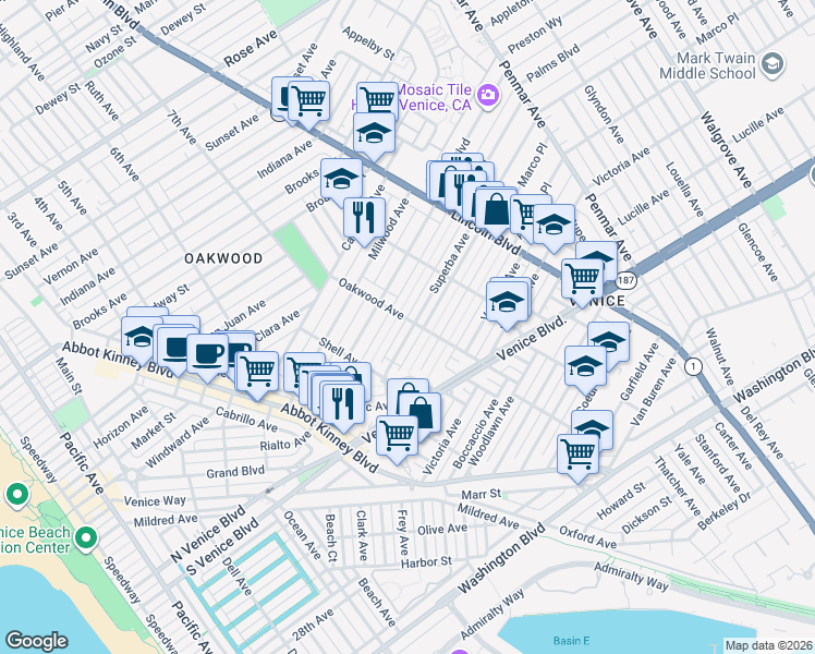 map of restaurants, bars, coffee shops, grocery stores, and more near 739 Superba Avenue in Los Angeles