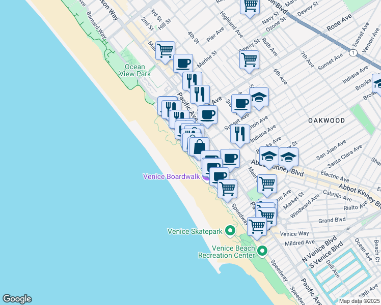 map of restaurants, bars, coffee shops, grocery stores, and more near 511 Ocean Front Walk in Los Angeles