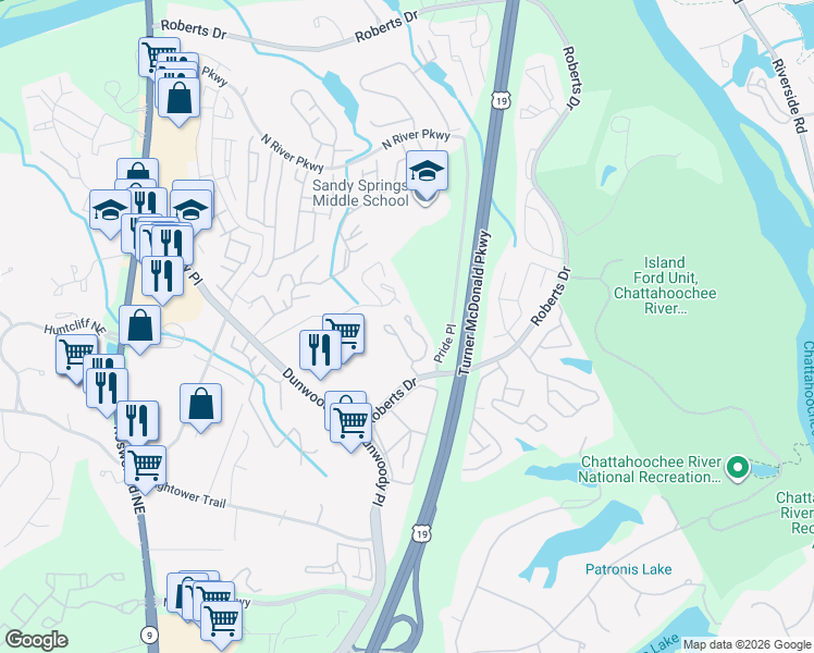 map of restaurants, bars, coffee shops, grocery stores, and more near 1404 Masons Creek Circle in Atlanta