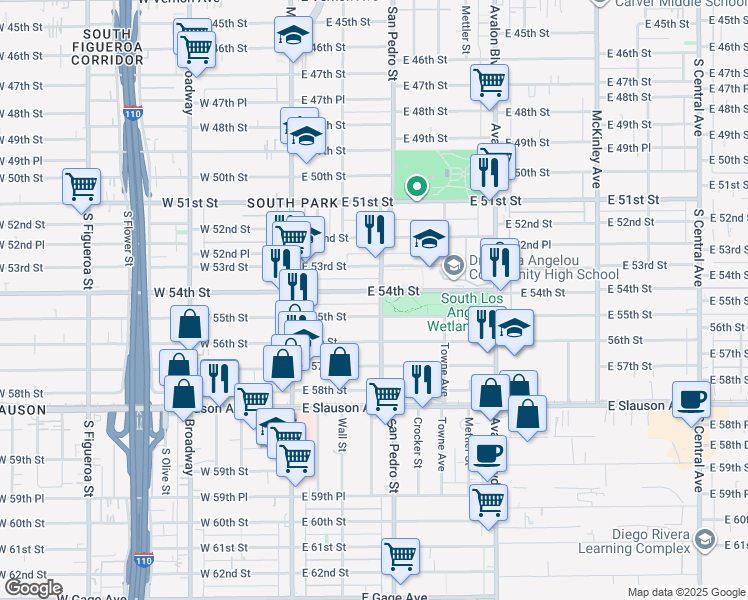 map of restaurants, bars, coffee shops, grocery stores, and more near 240 East 54th Street in Los Angeles