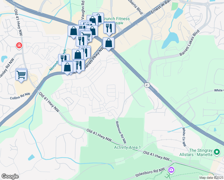 map of restaurants, bars, coffee shops, grocery stores, and more near 1459 Hedgewood Lane Northwest in Kennesaw