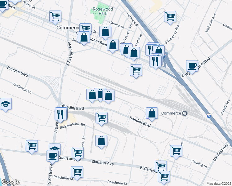 map of restaurants, bars, coffee shops, grocery stores, and more near in Commerce
