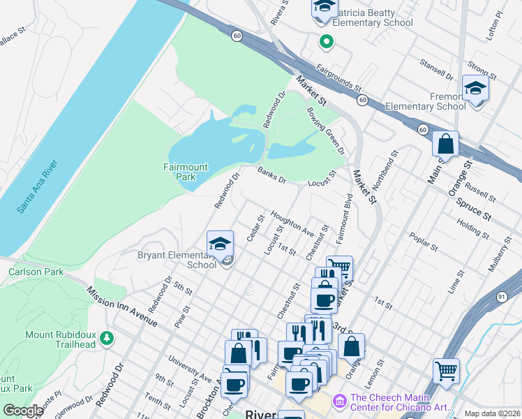 map of restaurants, bars, coffee shops, grocery stores, and more near 3009 Cedar Street in Riverside
