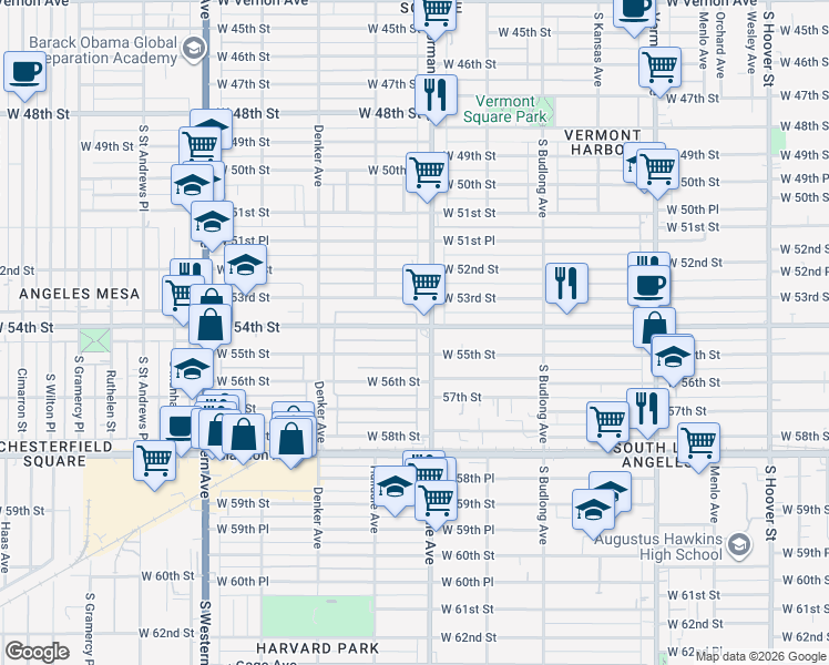 map of restaurants, bars, coffee shops, grocery stores, and more near 1414 West 54th Street in Los Angeles