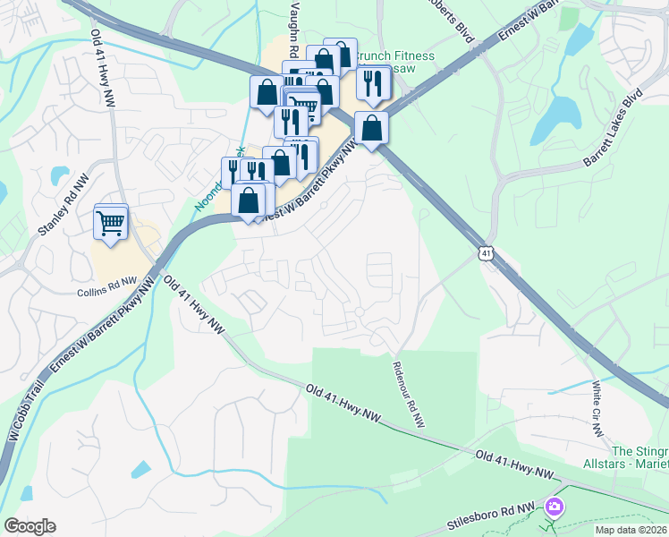 map of restaurants, bars, coffee shops, grocery stores, and more near Ridenour Parkway Northwest in Kennesaw