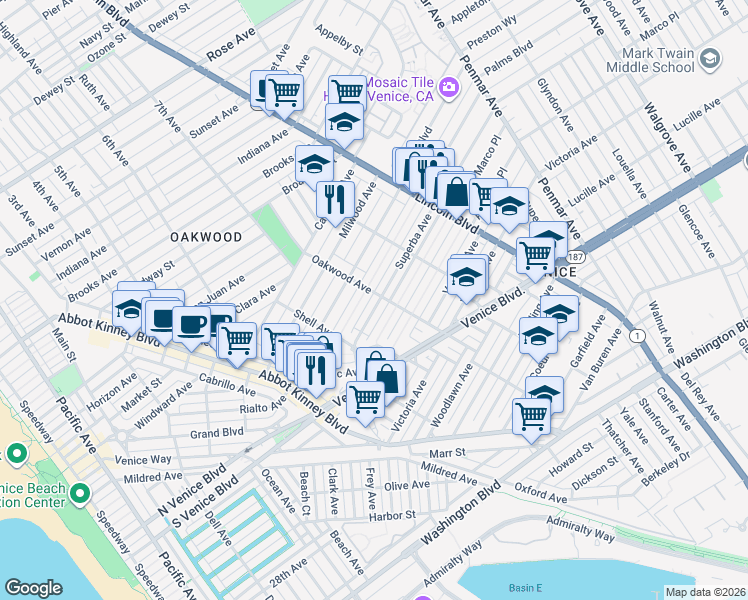 map of restaurants, bars, coffee shops, grocery stores, and more near 739 Superba Avenue in Los Angeles