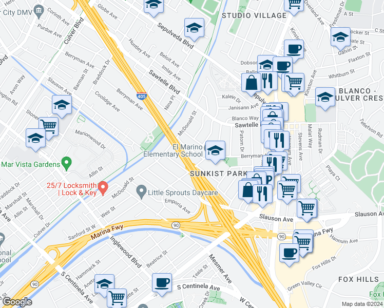 map of restaurants, bars, coffee shops, grocery stores, and more near 5217 Berryman Avenue in Culver City