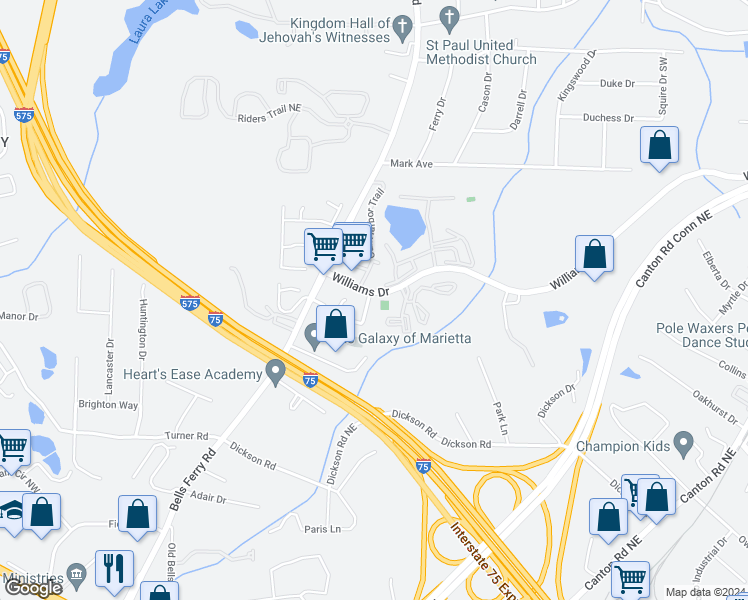 map of restaurants, bars, coffee shops, grocery stores, and more near 176 Bridgestone Drive in Marietta