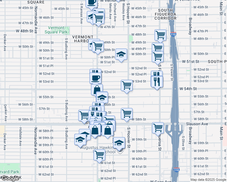 map of restaurants, bars, coffee shops, grocery stores, and more near 860 West 54th Street in Los Angeles
