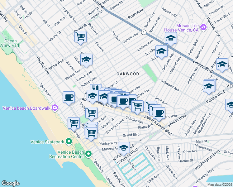 map of restaurants, bars, coffee shops, grocery stores, and more near 522 Westminster Avenue in Los Angeles