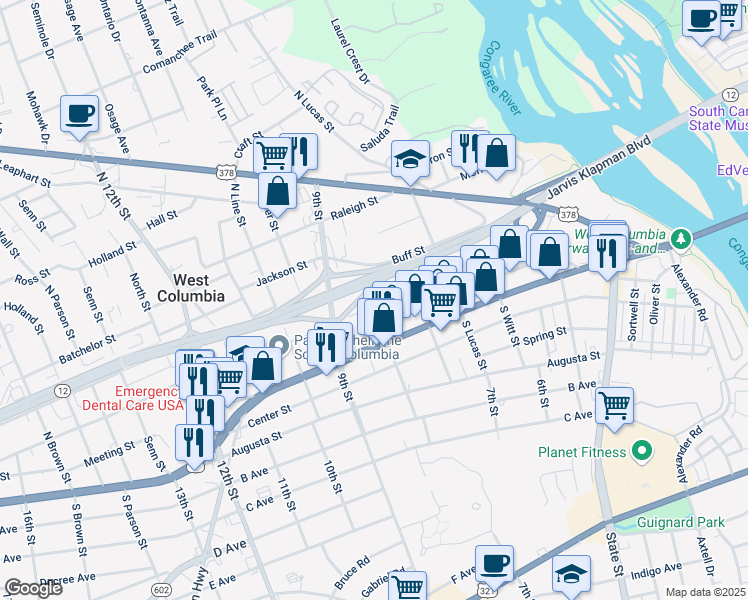 map of restaurants, bars, coffee shops, grocery stores, and more near 710 Violet Street in West Columbia