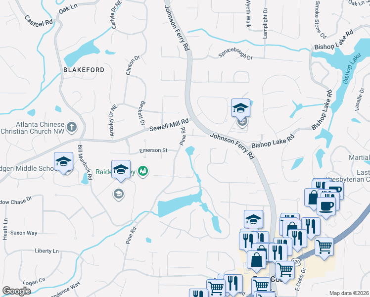 map of restaurants, bars, coffee shops, grocery stores, and more near 1770 Pine Road in Marietta