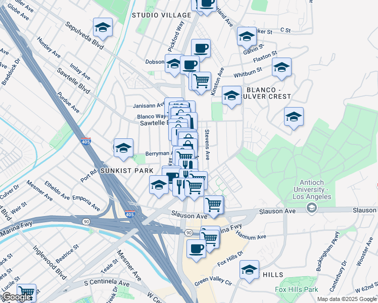 map of restaurants, bars, coffee shops, grocery stores, and more near 5508 Sepulveda Boulevard in Culver City