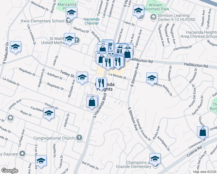 map of restaurants, bars, coffee shops, grocery stores, and more near 2300 South Hacienda Boulevard in Hacienda Heights