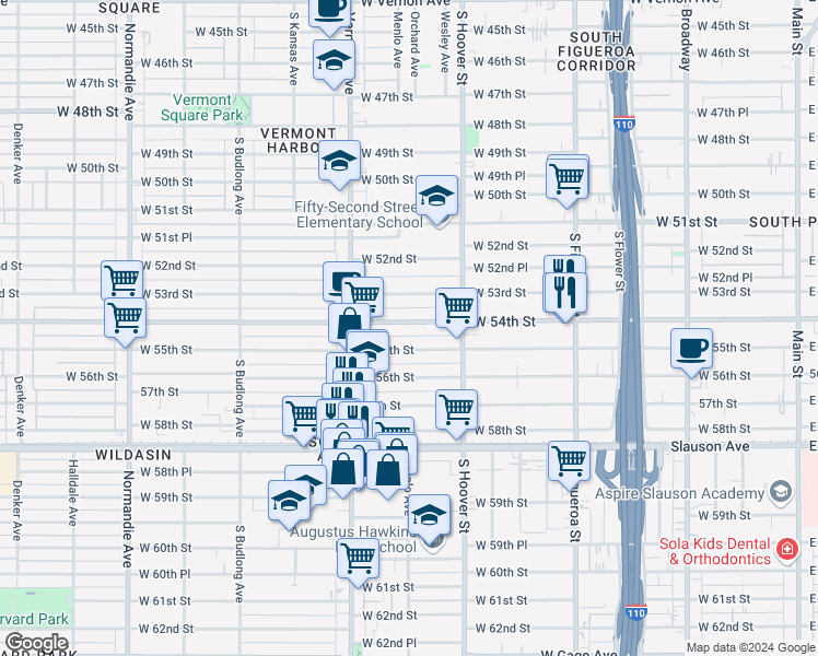 map of restaurants, bars, coffee shops, grocery stores, and more near 860 West 54th Street in Los Angeles