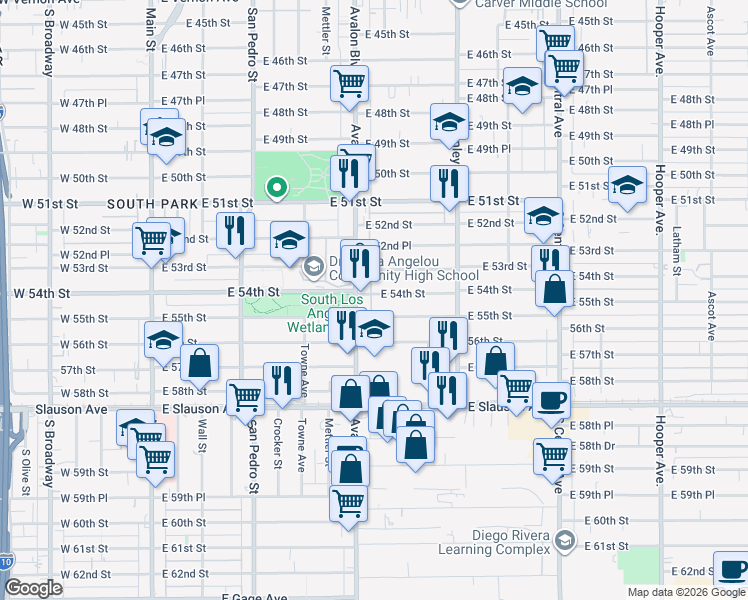 map of restaurants, bars, coffee shops, grocery stores, and more near 626 East 54th Street in Los Angeles