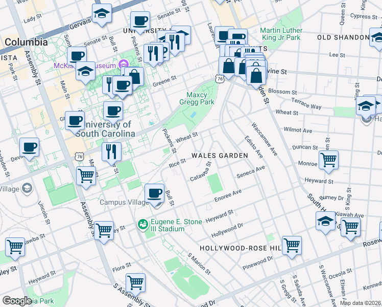 map of restaurants, bars, coffee shops, grocery stores, and more near 1623 Rice Street in Columbia
