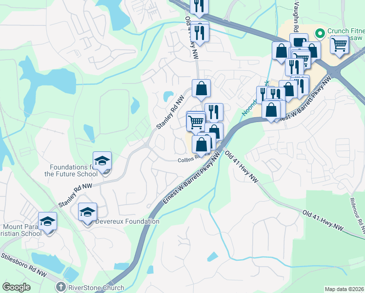 map of restaurants, bars, coffee shops, grocery stores, and more near 1642 Woodsford Road in Kennesaw