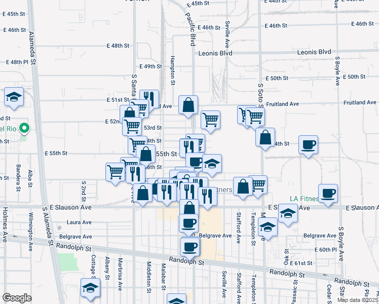 map of restaurants, bars, coffee shops, grocery stores, and more near 5425 Pacific Boulevard in Huntington Park