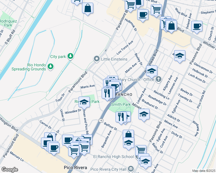 map of restaurants, bars, coffee shops, grocery stores, and more near 8836 Mines Avenue in Pico Rivera