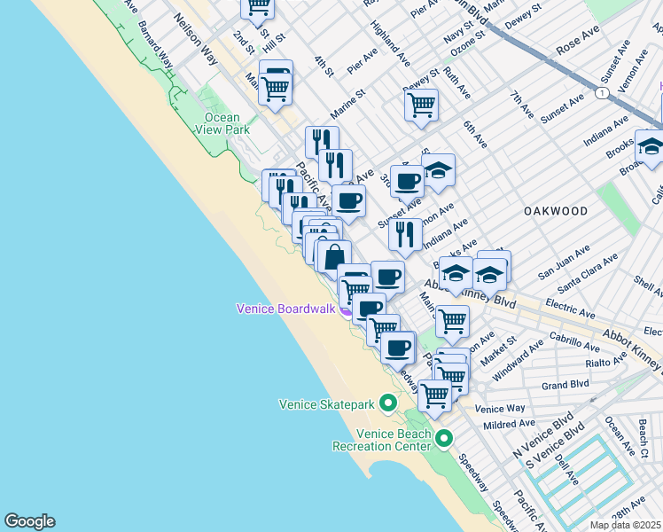 map of restaurants, bars, coffee shops, grocery stores, and more near 17 East Sunset Avenue in Los Angeles