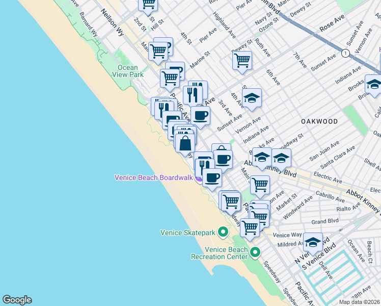 map of restaurants, bars, coffee shops, grocery stores, and more near 17 East Sunset Avenue in Los Angeles