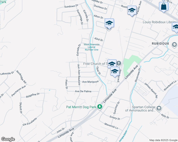 map of restaurants, bars, coffee shops, grocery stores, and more near 6509 Vía Florencia in Riverside