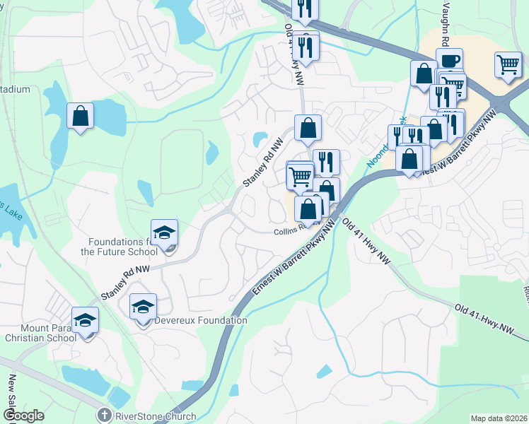 map of restaurants, bars, coffee shops, grocery stores, and more near 1686 Woodsford Road Northwest in Kennesaw