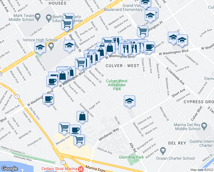 map of restaurants, bars, coffee shops, grocery stores, and more near 4136 Beethoven Street in Los Angeles