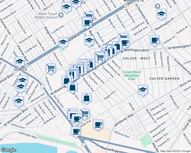map of restaurants, bars, coffee shops, grocery stores, and more near 4039 Michael Avenue in Los Angeles