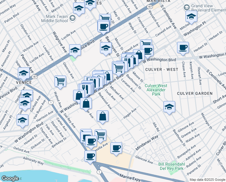 map of restaurants, bars, coffee shops, grocery stores, and more near 4039 Michael Avenue in Los Angeles