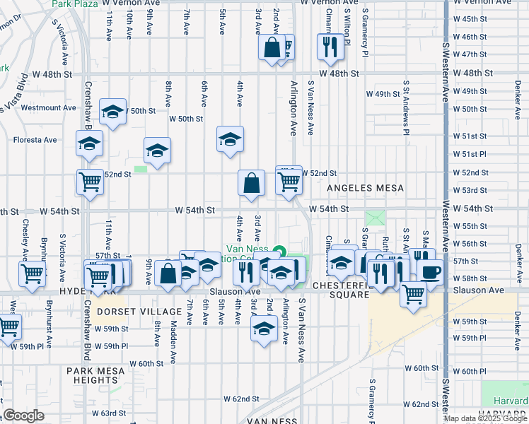 map of restaurants, bars, coffee shops, grocery stores, and more near 2418 West 54th Street in Los Angeles